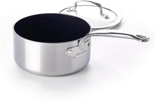 GreenPan Barcelona Evershine Tri-Ply Stainless Steel Healthy Diamond Reinforced Ceramic Non-Stick 16 cm/1.5 Litre Saucepan, PFAS-Free, Multi Clad, Induction, Oven Safe, Silver
