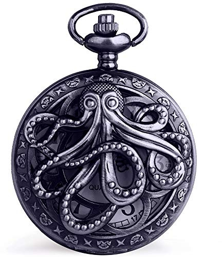 Dentily Vintage Octopus Hollow Quartz Pocket Watch Steampunk Black Pocket Watch with Necklace Chain