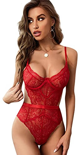 EVELIFE Body Damen Sexy Dessous Bodysuit BH mit Bügel Overall Reizwäsche Negligee Spitze Unterwäsche Babydoll Lingerie (Rot, XXL)