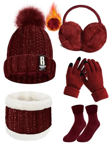 Voqeen 5 Pièces Ensemble de Ski d’Hiver de Femme Tricotés Ensemble d'hiver Bonnet Chaude Écharpe Gants en Tricot Cache-Oreilles Chaussettes Chapeau Pompon