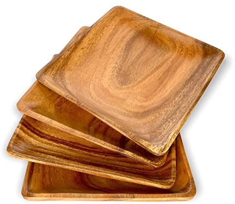 WRIGHTMART Set of 4 Acacia Wood Plates, 8 Inch Square Salad Plates, Solid Single-Piece Wood, Wooden Side Plates for Meals, Small Dinner Plates for Food
