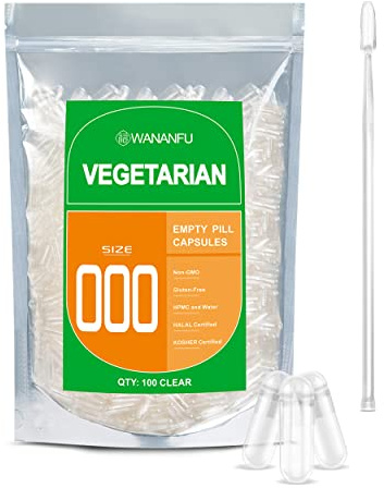 WANANFU Cápsulas Vacías Vegetales Tamaño 000 (100 piezas) con microcuchara, apto para llenado de cápsulas tamaño 000