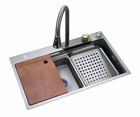 Cascada Fregadero de Cocina de Acero Inoxidable Fregaderos de Restaurante Comerciales Fregadero de Servicio Moderno con Grifo ExtraíBle Lavavajillas Tabla de Cortar, Gris Pistola ( Size : 80*45*22cm )