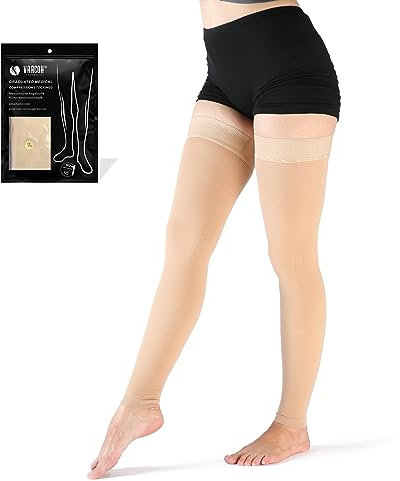 VARCOH Calcetines de Compresión Para Mujeres, Muslo alto de Punta Abierta, Calcetines de Compresión Sin pie de 20-30 mmHg Ideales Para Hombres Para DVT, Maternidad, Embarazo, Venas varicosas