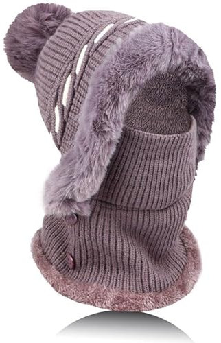 TAGVO Damen Winterschal Strickmütze, Balaclava Winter Schlupfmütze lässige Plüsch Mütze, 2 in 1 Wintermütze Strickmütze, Damen Balaclava Beanie Winddichte, Warme Stricken Mütze mit Fleecefutter
