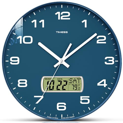 TIMESS 10-Inch Non-Ticking Analog Wall Clock with LCD Display, Blue