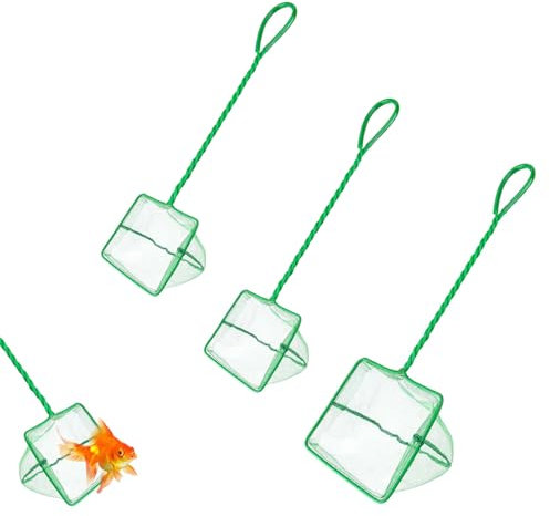 Xmart 3 Stück Mini Aquarium Kescher Net mit Geflochtenem Metallgriff Klein Kescher Fischnetz Quadratischer Garnelen Fangnetz Fischkescher Aquarienkescher für Fischbecken Kleine Teiche Pools (2 Größen)