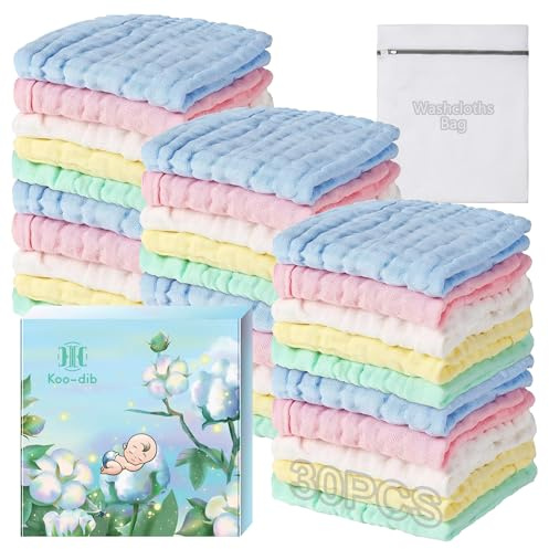 Koo-dib Mussole Neonato Asciugamani da bagno per bambini, Cotone, Morbidi, Panni in Mussola, Neonati, Accappatoio 0-3 Mesi Bebè 30pz 25x25 cm + Lavare la Borsa a Rete