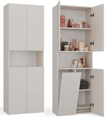 BDW Mobile da bagno, cesto per la biancheria, 4 porte, 174 x 60 x 30 cm, mobiletto alto, mensola da bagno