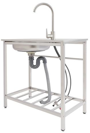 Etrhdfyts Edelstahl Küche Spüle mit Unterschrank Spültisch, Freistehendes Spülbecken mit Kalt und Warm-Wasserhahn, Ablauf-Schlauch, Küchenspüle für Restaurant Outdoorküche Camping,1 Becken 75x40x75cm
