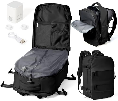WEPOET Mochila de Viaje al Vacío con Bomba, Impermeable Mochila de Compresión al vacío, Mochila Viaje Cabina 40x30x20 Ryanair con Sistema de Compresión Hombre y Mujer Negro