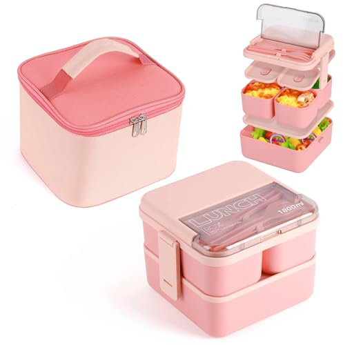 HASA zone Bento Lunch Box with Compartments, 1800ML Bento Box with Insulated Bag & Cutlery, Leakproof & Stackable 2 Layers Lunchbox for Adults & Kids- Work, On-the-Go, School (Pink)