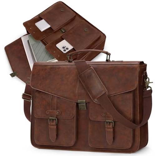 RAINSMORE 17.3 Inch Men's Messenger Bag, PU Leather Laptop Briefcase Use for Work, Office & Business Travel, Spacious Satchel Bag, Brown