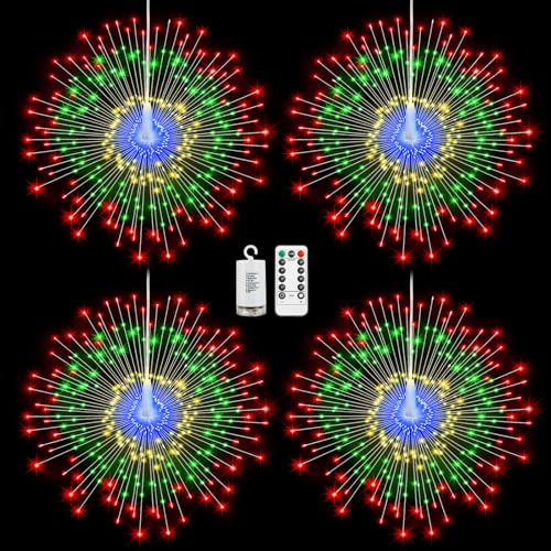 Lewondr Luci Fuochi D'Artificio Natalizi, 4PCS Luce Appendibili Fate Con Telecomando, 200 Luci LED, 8 Modalità, Luce A Stringa Stelle Impermeabili Per Interni Esterni Decorazione, Multicolore