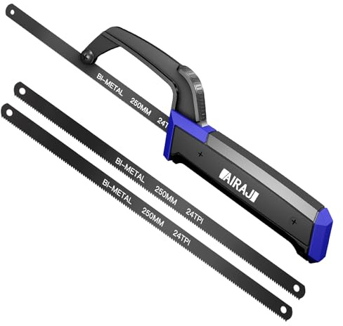 AIRAJ Mini Metallsäge,Kompakte Eisensäge,mit 3 HSS Flexiblen Bimetall-Sägeblättern,zum Präzisionsschneiden von Metall, Holz und PVC Verwendet,Sägegestell aus Aluminiumlegierung,Weicher Gummigriff