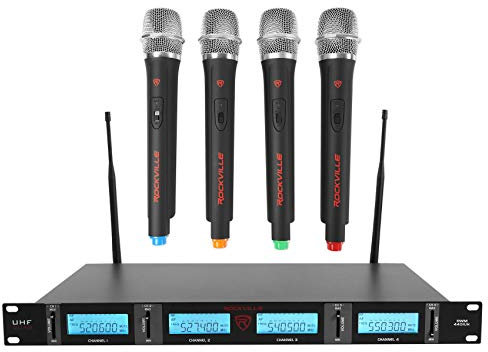 Rockville RWM4401UH QUAD UHF Wireless HandHeld Microphone System (4 Mics), LCD Display, Low Distortion, Long Range, for Live Performances and Events