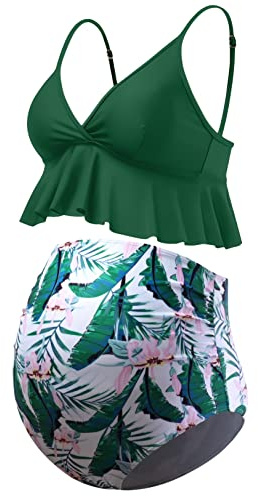GINKANA Maternity Bikini Set Two Piece Summer High Waist Flounce Swimmear for Pregnant Woman,Green Leaf Pink Flower,L