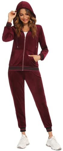Survêtement Ensemble Velours Femme à Capuche Zippés Sportswear Sweat Manche Longue Pantalon Jogging Tennis Gym Yoga Vêtements de Fitness Bordeaux L