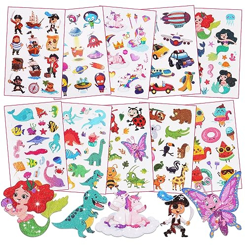 ACWOO Tatuaggi Temporanei per Bambini, Brillante Tatuaggi Finti per Ragazze Ragazzi, 10 Fogli Unicorno + Animale + Dinosauro Tatuaggi Temporanei Set, Giocattoli Gadget per Ragazza Bambini Adulti Festa