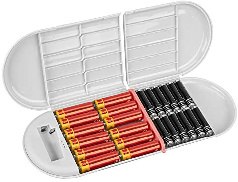 Custodia per batterie Linkidea con rilevamento della quantità elettrica, scatola porta batterie portatile per 12 batterie AA, 12 batterie AAA, batterie a bottone (grigio, batterie non incluse)