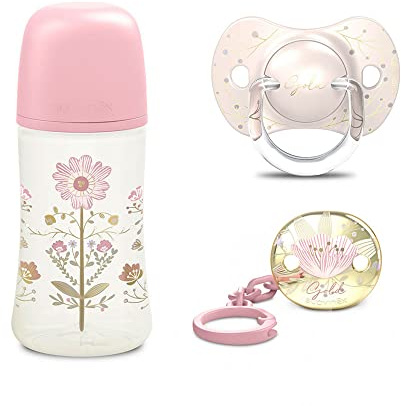 Suavinex, Gold Edition Geschenkset Flasche 270ml + Schnuller 0-6M + Clip, Rosa