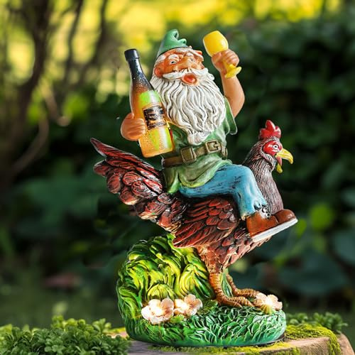 Foreby Garden Gnomes Statue Outdoor Decor,Funny Gnome Riding Rooster Sculptures Art Decor, Ideal Decoration for Yard Balcony Patio Lawn Home House - Birthday Gifts