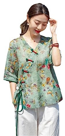 Vintage Coton Lin Imprimé Floral Col V Chemise Style Chinois Traditionnel Femme Hanfu Blouse National Loose Femmes, EN8, L