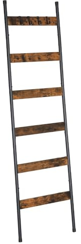 HOOBRO Blanket Ladder, 6-Tier Towel Rack with Hooks, Wall-Leaning Blanket Rack, Decorative Display Ladder Shelf, Scarves, Industrial, Living Room, Bedroom, Rustic Brown and Black BF66CJ01