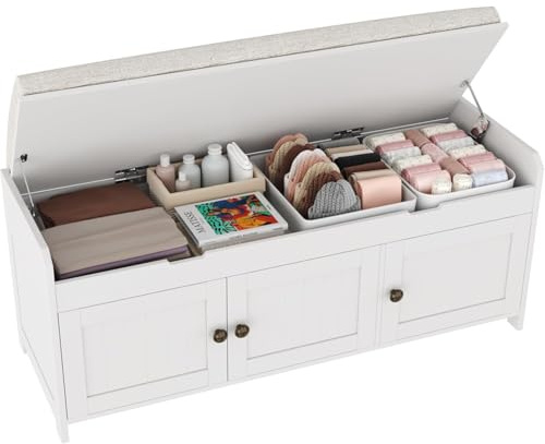 HOME BI Shoe Bench, Storage Bench with Padded Seat Cushion, Bench with 3-Door Storage Cabinets,Shoe Cabinet for for Entry, Bedroom, Cloakroom, Living Room and Hallway,White