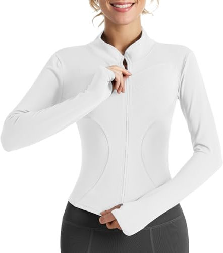 JN JANPRINT Women's Gym Running Jackets Long Sleeve Workout T-Shirt Full Zip Up Lightweight Athletic Yoga Cropped Tops with Thumb Holes White