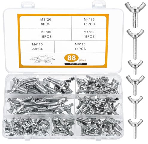 88 Piezas Tornillos de Mariposa de Pulgar, M4 M5 M6 M8 Tuercas de Mariposa Alas Kit, Tornillo de Mariposa, Pernos de Mariposa de Ala, Tornillos de Ala de Mano para Sujeción Maquinaria (88 plata)