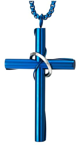 COOLSTEELANDBEYOND Blu Croce Ciondolo Collana da Uomo, Barre Cilindriche con Argento Anello Accentata, Acciaio, Catena del Grano 70CM