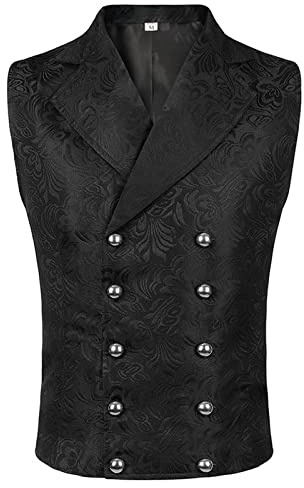 Top Homme sans Manche- Gilet Medievale Homme à Revers,Haut Steampunk Jacquard Vintage Costume Halloween à Double Boutonnage Basic Tunique pour Renaissance Gothique Cosplay Cour Victorien RéTro Gilets