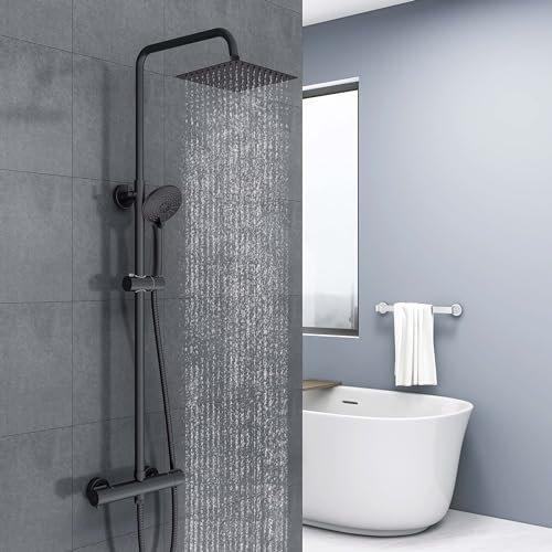 Biubiubath Colonne de Douche Thermostatique Kit de Douche pour Salle de Bain avec Douchette 3 Jets Chromé(Carré 1)