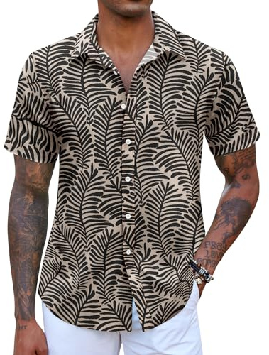 COOFANDY Camicia Hawaiana Uomo Camicia Estiva a Maniche Corte Camicie Resort da Uomo Marrone Chiaro L