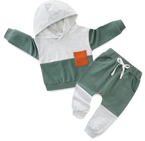 KIDDLETOWN Baby Long Sleeve Hoodie Tops Pants Set 2PC, Boy Clothes, Contrast Color Sweatshirt, Grow Tracksuit Set, Outfit Infant Drawstring Fall Winter