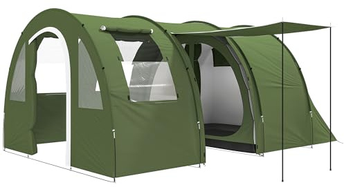 Outsunny 5-6 Man Tunnel Tent, Two Room Camping Tent with Floor, 2 Doors and Carry Bag, 2000mm Water Column for Fishing, Hiking, Sports, Festival, Green