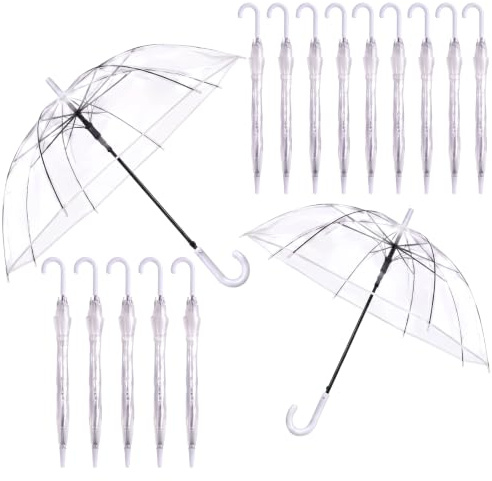 Hestya 16 Pièces Parapluie Transparent Ombrelle Transparent Mariage 102 cm Dôme Semi-Automatique Parapluie Blanc Mariée Accessoires de Mariage Unisexe pour Mariées Demoiselles d'Honneur Plage Fête