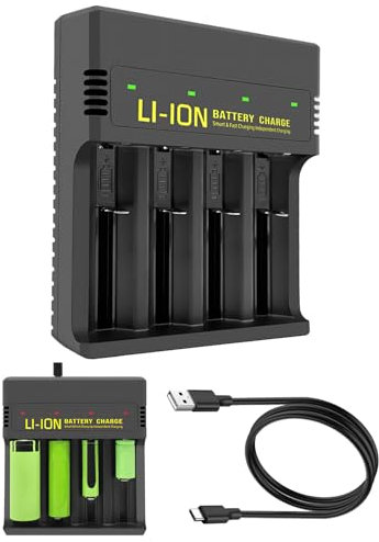 Battery Charger with 4 Slots Ni-MH for AA AAA Rechargeable Batteries 3.7V Individually Charger USB and Type C Input Intelligent LCD Light for 18650 18500 21700 26650 14500 16340 Batteries Black