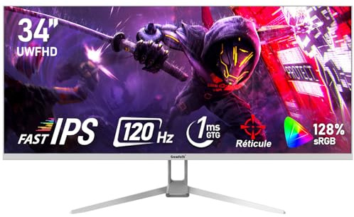 Gawfolk Écran PC IPS Ultra-Large de 34 Pouces，Moniteurs de Jeu 120Hz, 21:9 UWFHD (2560x1080), 128% sRGB, Synchronisation adaptative, Angle de Vision de 178°, DisplayPort, HDMI, VESA 75 * 75MM- Blanc