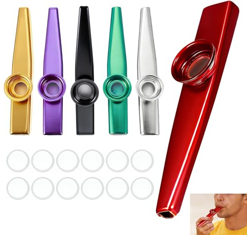 6 Pack Multipack Kazoo, Metal Kazoo, Musical Instruments Kazoos with 12 Flute Membranes, Perfect for Beginners, and Lovers, Fun for Parties, Birthdays and Festivals, Easy to Play, Durable and Portable