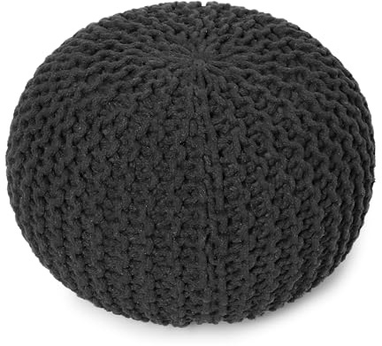 REDEARTH Round Pouf Foot Stool Ottoman - Cotton Hand Knitted Dori Pouffe - Cord Boho Home Décor - Stuffed Cable Poof for Living Room - Bedroom (19.5x19.5x14) - Dark Gray