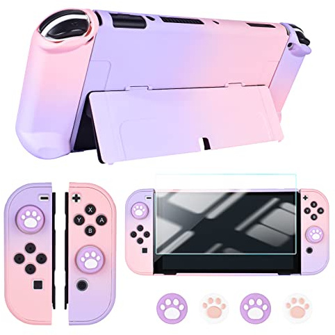 DLseego Case for Switch OLED Model, Protective Cover Hard Shell with Shock-Absorption and Anti-Scratch Design, Screen Protector and 4Pcs Thumb Caps for Switch OLED 2021- Pink+Purple