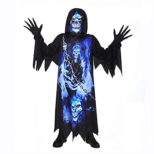 Sincere Party Il costume da Triste Mietitore Grim Reaper per bambini,Fantasma dell'oscurità,Veste nera spettrale con guanti spettrali,Maschera stampata 6-8 anni.