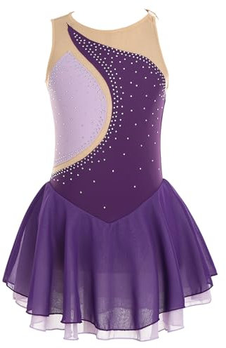 Yeahdor Mädchen Eiskunstlauf Kleid Kurz Ärmellos Tanzkleid mit Strass Glitzer Ballettkleid Turnanzug Wettbewerb Auftritt Ballettkleidung A Violett O 134-140