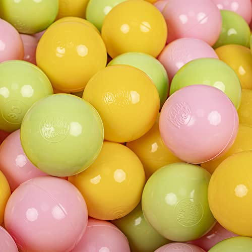 KiddyMoon Mjuka lekbollar i plast, 200 bollar, 7 cm/2,75 tum, flerfärgade, tillverkade i EU, ljusgrön/gul/ljusrosa