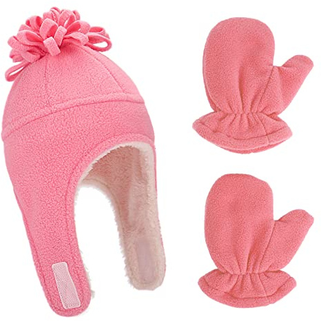 LACOFIA Beanie Beanie Kepsar & Grips Varm Fleece Baby Pilot Vintermössa med Öronmuffar och Barnhandske, A-vattenmelonröd, 3-10 anni