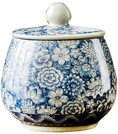 Bicuzat Vintage White and Blue Ceramic Portable Tea Caddy Tea Canister Tea Storage Container Tins Jar with Airtight Lid for Tea, Coffee, Herb, Sugar, Spice, Nuts, 9 OZ