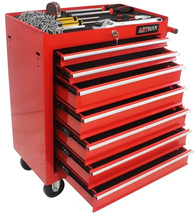 Rolling Tool Chest with 7 Drawers, Sturdy Tool Box Multifunctional Mechanic Tool Storage Cabinet with Lockable Wheels Keys Portable Tool Storage Organizer Trolley for Garage, Warehouse, Workshop, Red