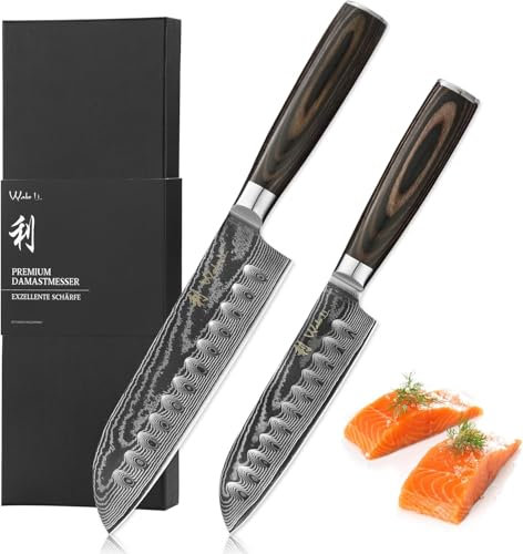 Wakoli EDIB Essentials 2-Piece Damascus Kitchen Knife Set – Santoku Knives Made from 67 Layers of Damascus Steel – Pakkawood Handles – Includes Gift Box & Finger Guard – Professional Set